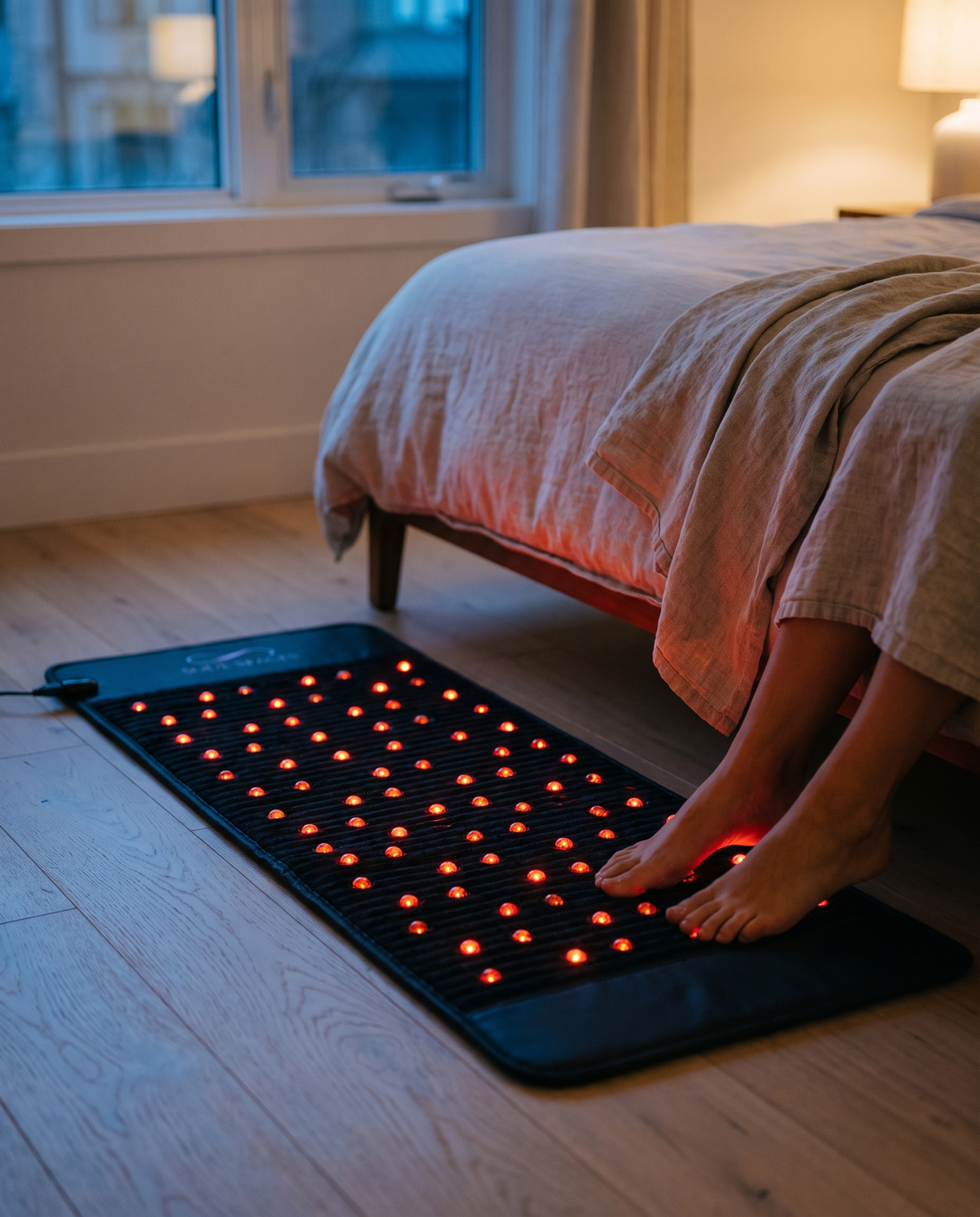 Crystal Recovery PEMF Mat glowing beside a bed at dusk