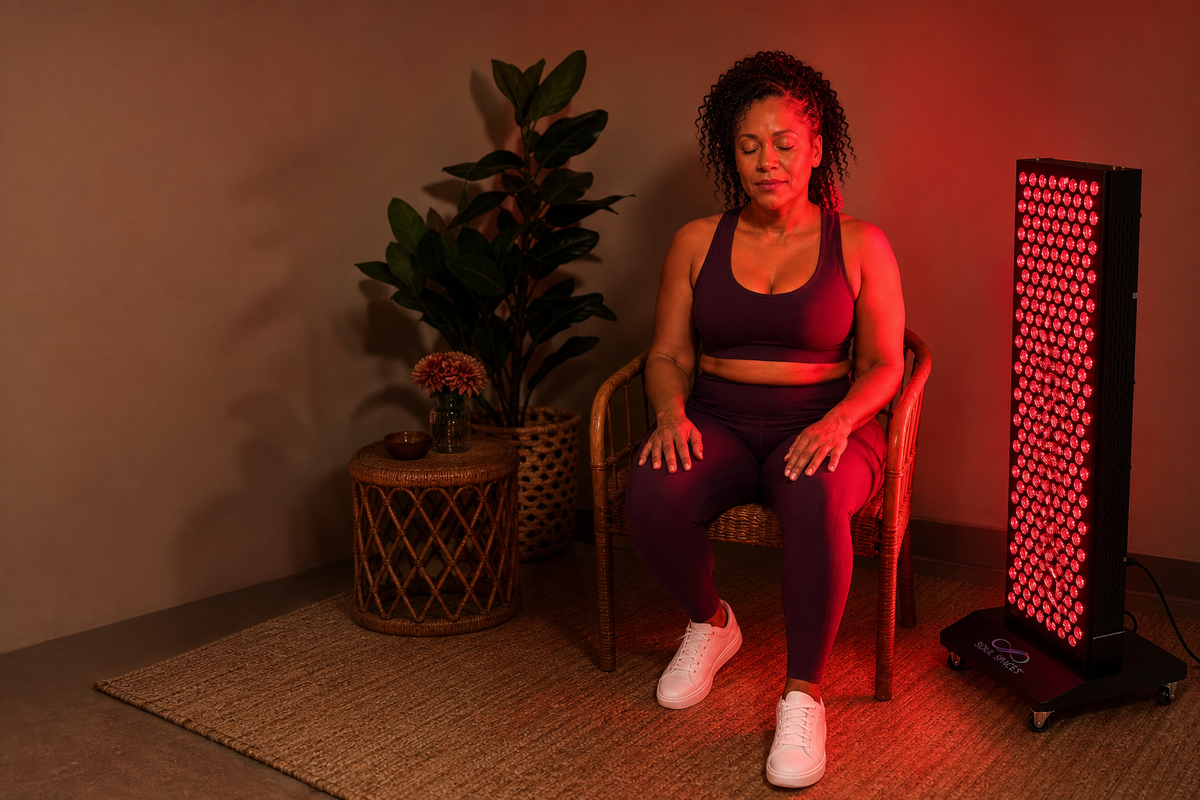 A calm home sanctuary session beside the Solstice Red Light Panel