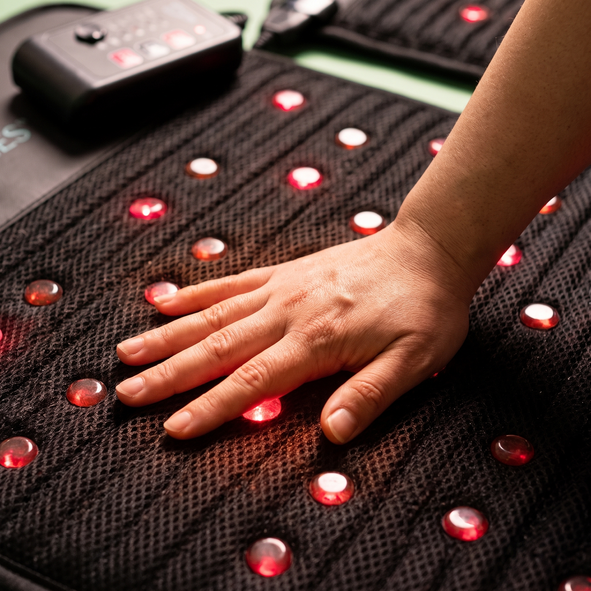 A hand resting on the Crystal Recovery PEMF Mat's warm stone surface